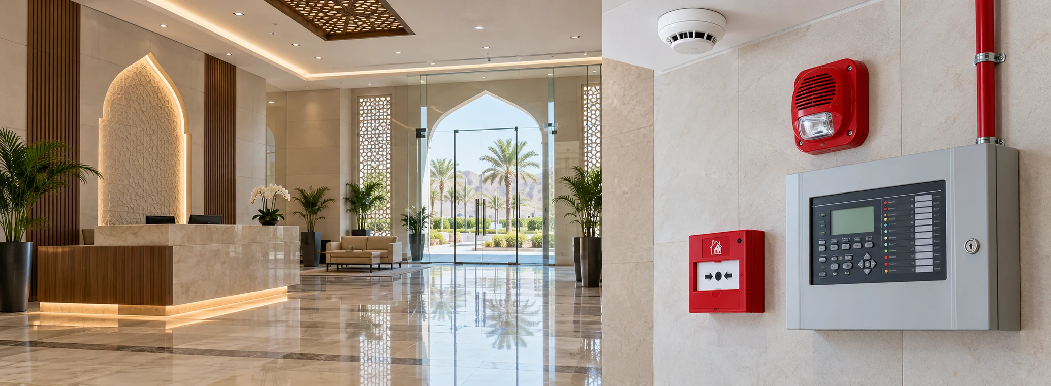 Fire alarm control panel, sounder, call point and smoke detector