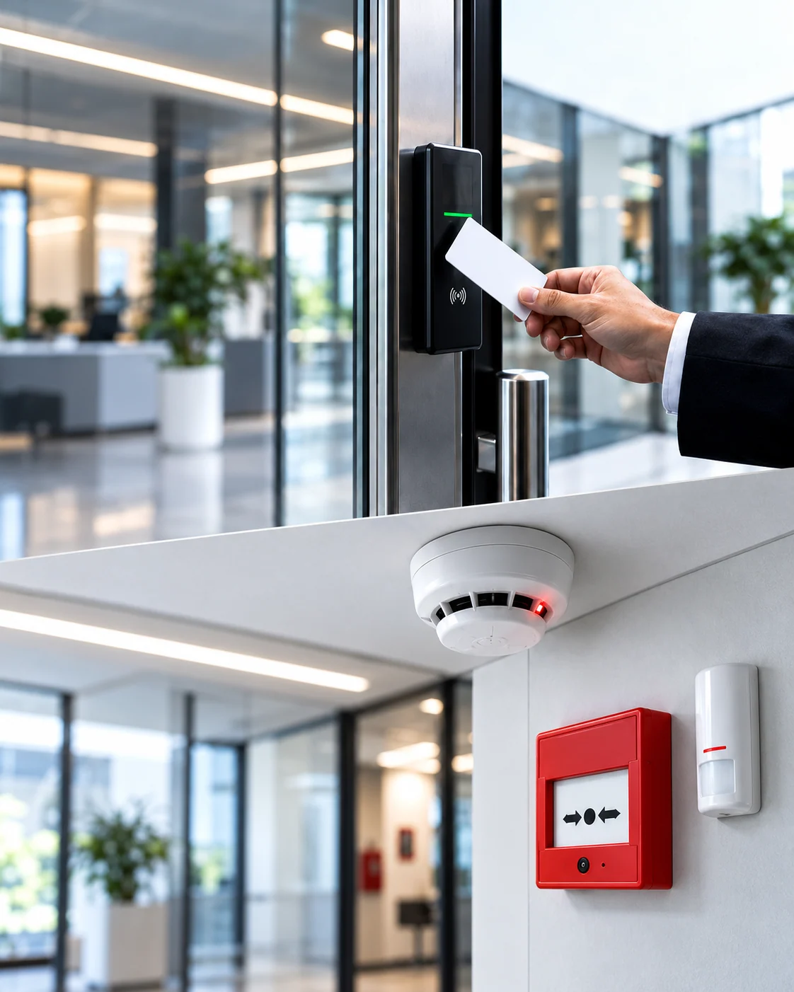 Card access reader, smoke detector and fire alarm