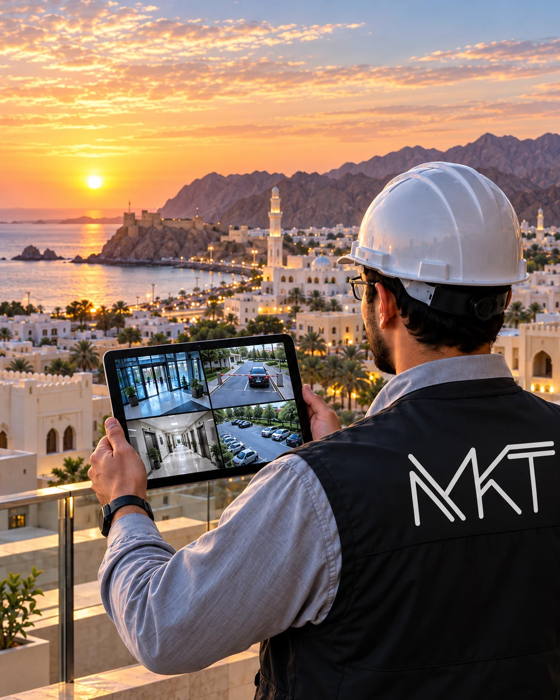 Security engineer with MKT logo monitoring cameras above Muscat, Oman