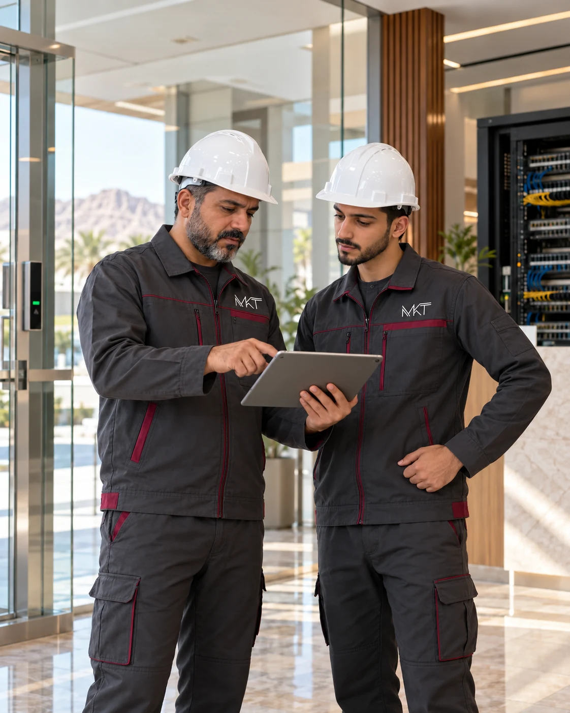 Two distinct engineers in MKT uniforms and white safety hard hats reviewing a tablet